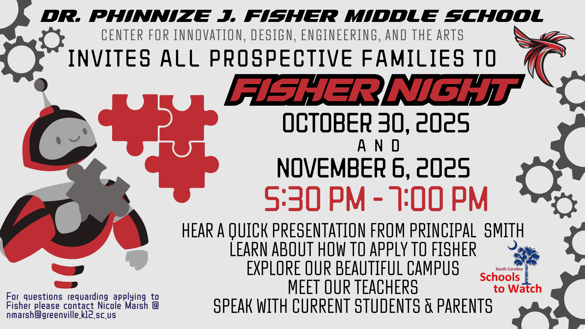 Fisher Middle School invites prospective students to learn more about the school on October 30 or November 6
